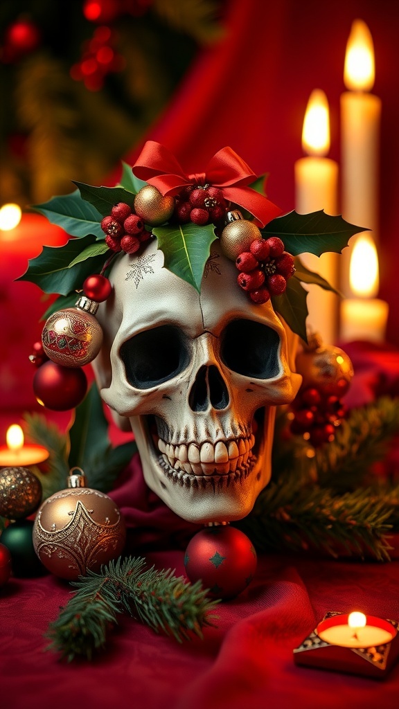 Vanitas Christmas Profile Picture Recipe A Vanitas-themed Christmas profile picture with a skull, ornaments, and candles against a festive background.